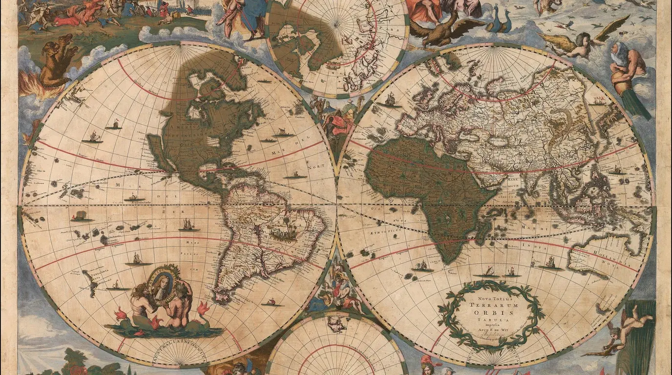 A 17th-century double-hemisphere world map, Nova totius terrarum orbis tabula, ringed with allegorical figures.