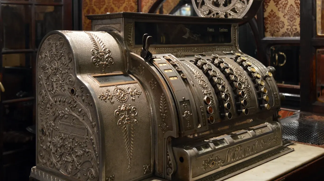 An ornate silver antique cash register with rows of price keys on a shop counter.