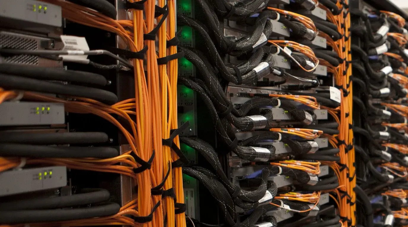 Server racks densely wired with orange and black cables in a supercomputer hall.