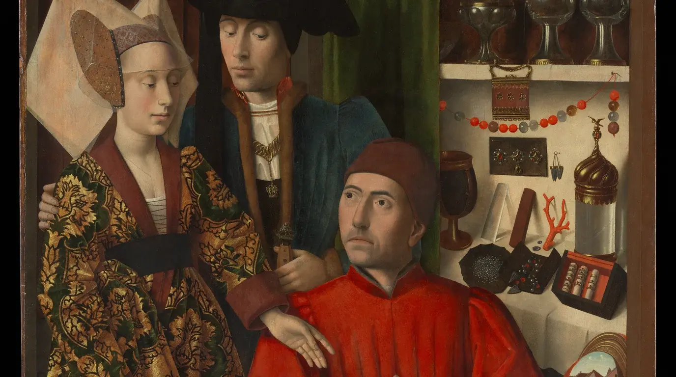 Petrus Christus's 1449 painting A Goldsmith in His Shop, a betrothed couple at his counter beside shelves of wares.