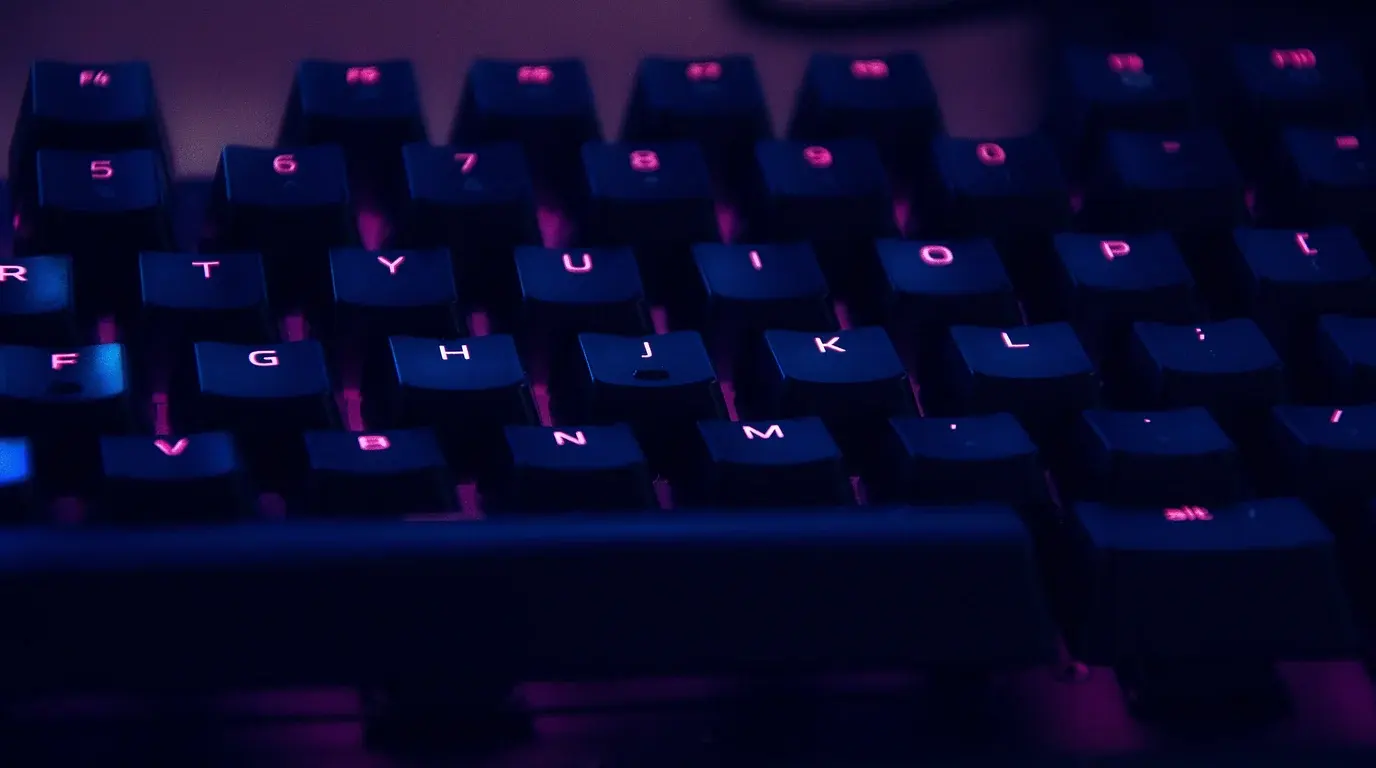 Close-up of a mechanical keyboard with backlit keys glowing pink and blue in the dark.