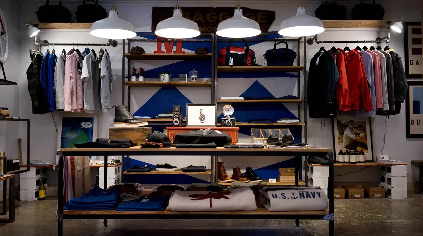 A small clothing boutique with pendant lamps, shirts on rails and folded goods on a central wooden table.