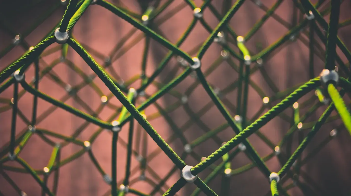 A three-dimensional net of green ropes joined at metal nodes against a soft red background.