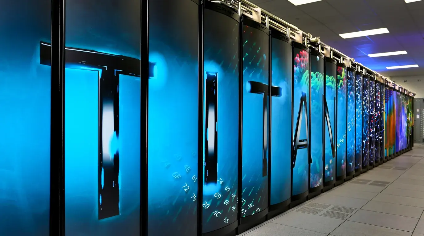 The long row of illuminated cabinets of the Titan supercomputer at Oak Ridge National Laboratory.