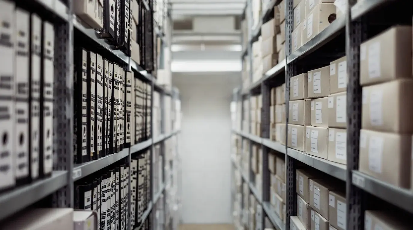 A narrow aisle between tall metal shelves filled with archive binders and labelled storage boxes.
