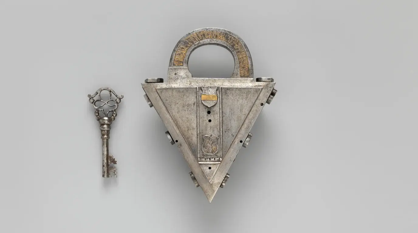 A triangular engraved padlock made in 1531, displayed beside its ornate key.
