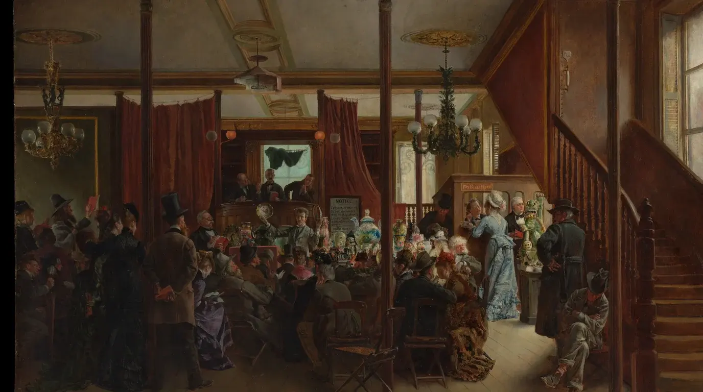Painting of a crowded 1876 auction sale in Clinton Hall, New York, bidders gathered before the auctioneer's rostrum.