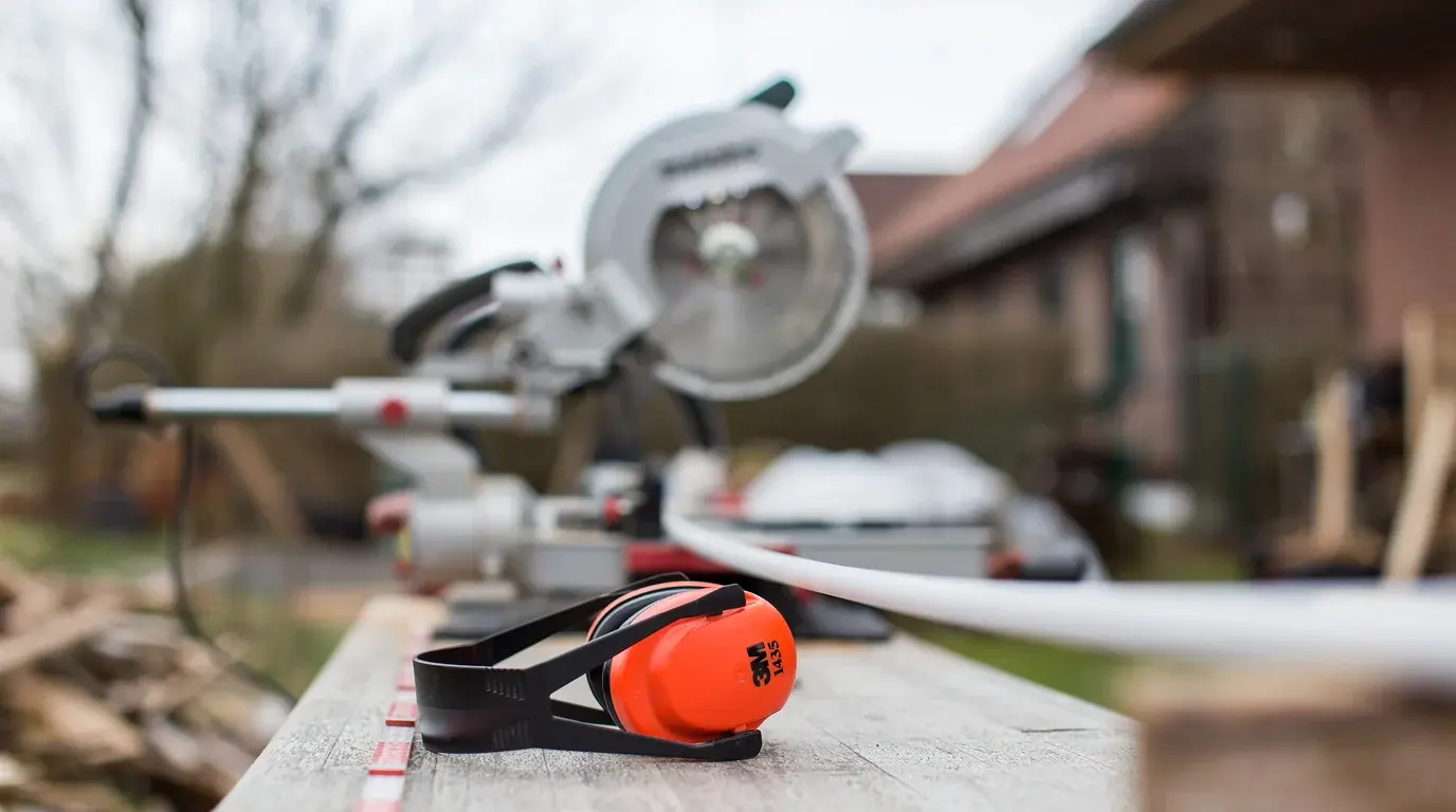 A mitre saw and orange ear defenders on a workbench outside a house under renovation.