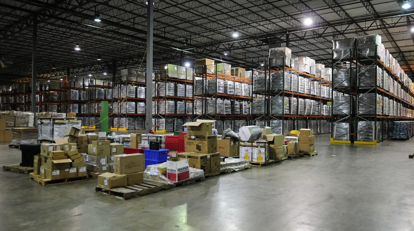 A large distribution warehouse with high pallet racking and stacked cartons on the concrete floor.