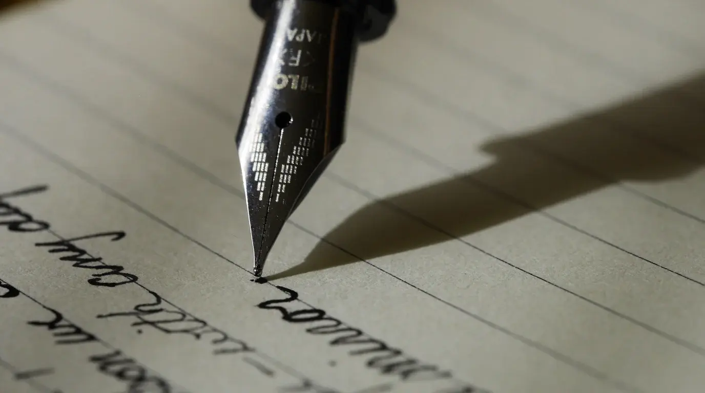 A fountain-pen nib writing in cursive on lined paper, its shadow cast across the page.