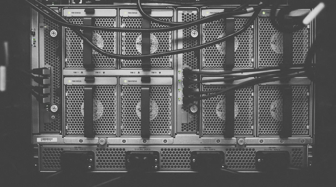 Black-and-white close-up of the back of a rack server, its fan grilles and power cables.