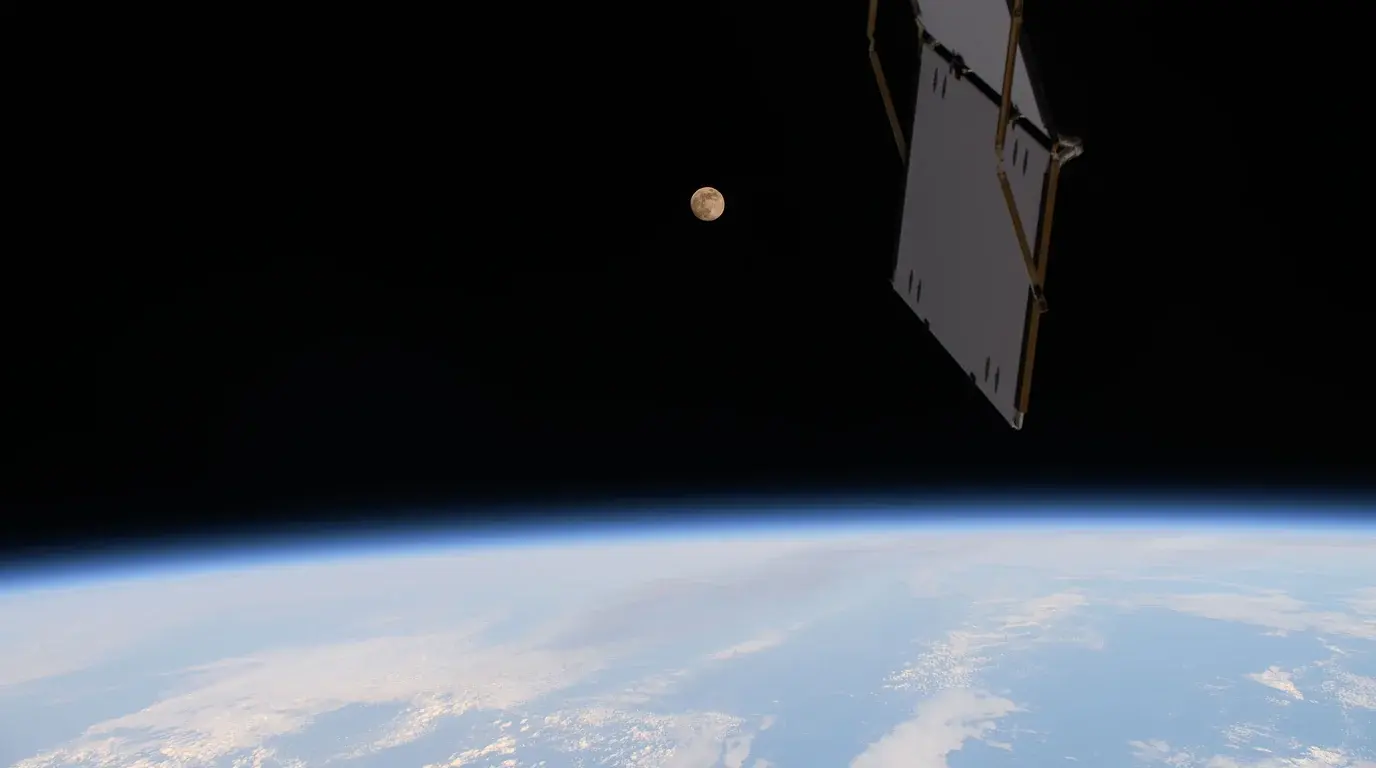 The full Moon above Earth's horizon, seen past a solar array of the International Space Station.