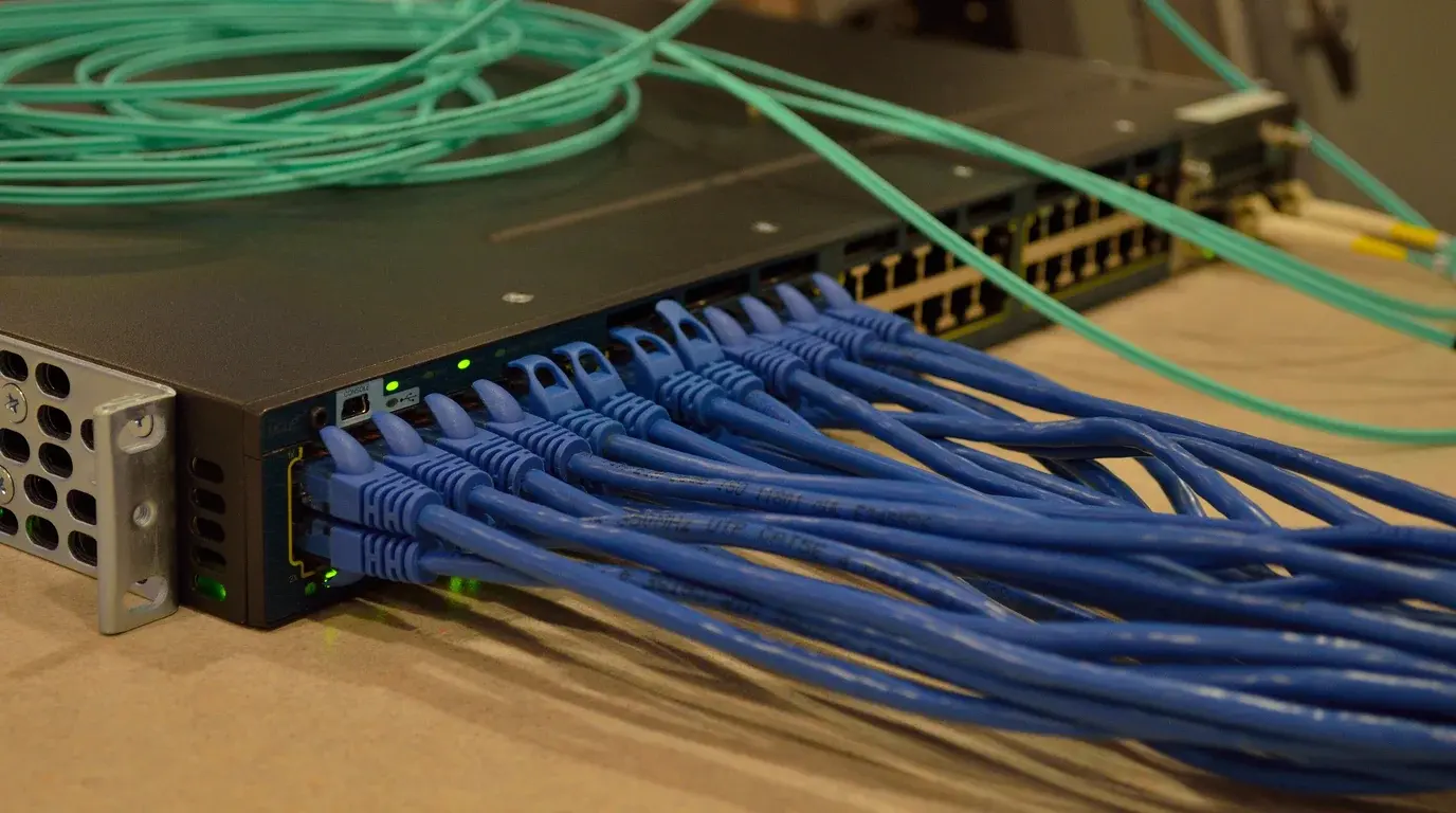 A rack network switch with dozens of blue patch cables plugged in and green fibre cables looped on top.